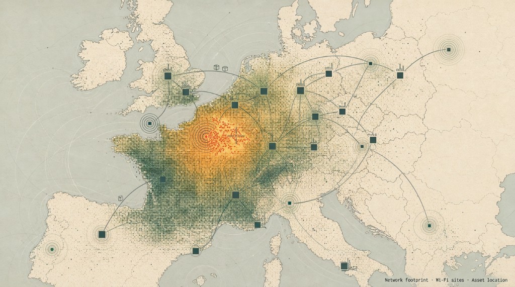 Europe logistics map: network radio footprint, Wi-Fi sites, and asset location across factories, routes, and stock sites.