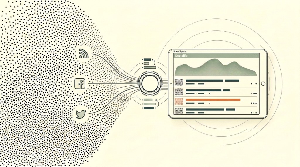 Editorial illustration: social and RSS feeds converging into Socialife on a Sony Xperia tablet — curated reading, not infrastructure.
